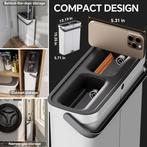 Miniatura 3 de Trapeador Compacto para Pisos y Cubeta – Trapeador Plano y Cubeta con Conjunto de Escurridor Manos Libres Trapeador Húmedo y Seco