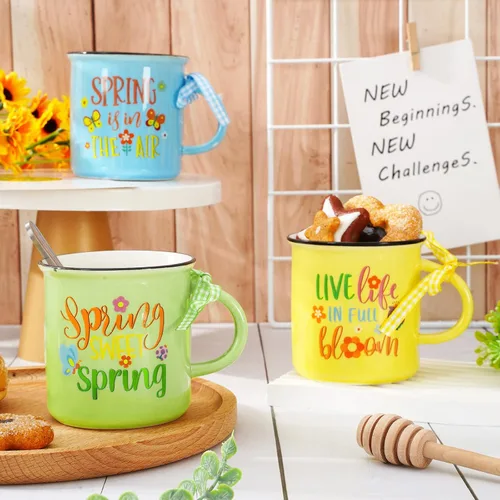 Miniatura 4 de Whaline 4 mini tazas de café de primavera con cinta a cuadros, diseño de flores de dibujos animados, mariposa, mini taza para beber, bandeja