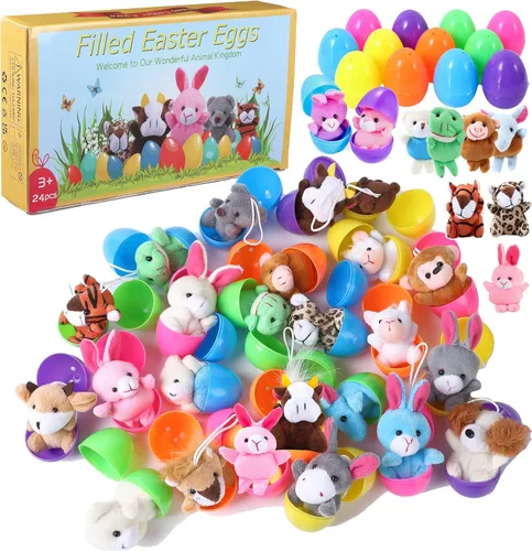 Paquete de 24 huevos de Pascua rellenos con mini animales de peluche para niños, rellenos de cesta de Pascua, caza de huevos de Pascua, recuerdo de