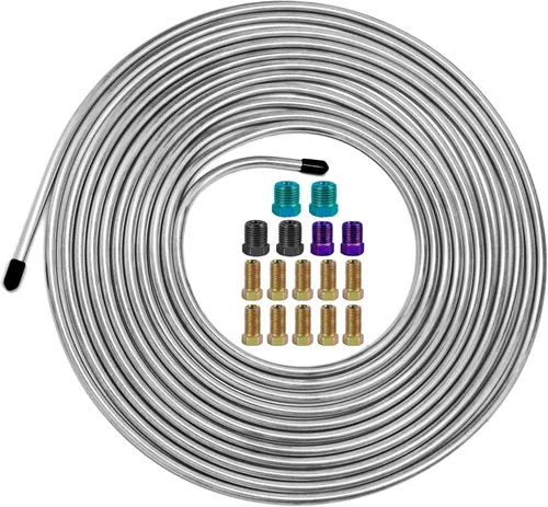 Kit de línea de freno de 1/4 pulgadas, rollo de tubo de freno de acero inoxidable resistente de 25 pies con 16 accesorios para sistemas de freno