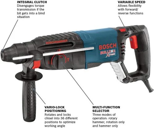 Miniatura 3 de Bosch 11255VSR Bulldog Xtreme - Taladro de velocidad variable de 8 amperios con cable de 1 pulgada SDS-Plus para concreto/albañilería, azul & Cincel