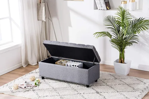 Miniatura 3 de Legend Vansen Banco otomano para dormitorio, tela Nailheed Trim con botones, gran almacenamiento, 41 pulgadas, gris