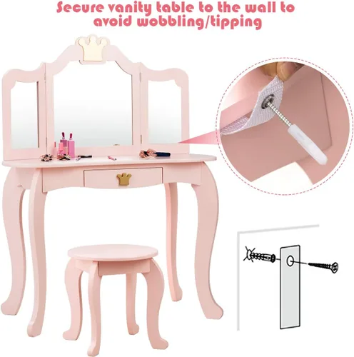 Miniatura 5 de Costzon Juego de Mesa y Silla de Tocador para Niños, Mesa de Maquillaje Princesa con Cajón y Espejo de Tres Pliegues, Juego de Tocador 2 en 1