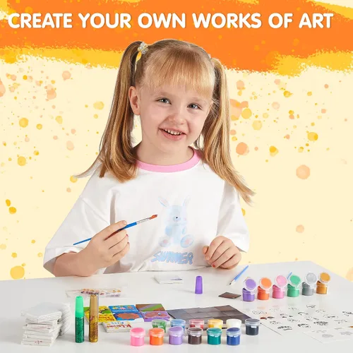Miniatura 7 de JOYIN Kit de 12 pinturas de roca y 24 mini azulejos magnéticos, arte y manualidades para niños, suministros de arte con varias pinturas, kits