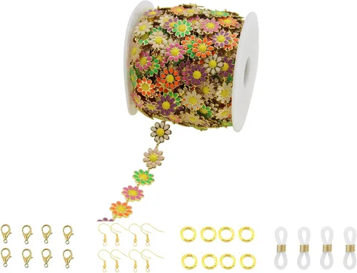 Miniatura 11 de Cadena de eslabones de girasol esmaltada hecha a mano con fornituras de latón chapado en oro para hacer joyas, máscara de vidrio, zapatos, Cc02