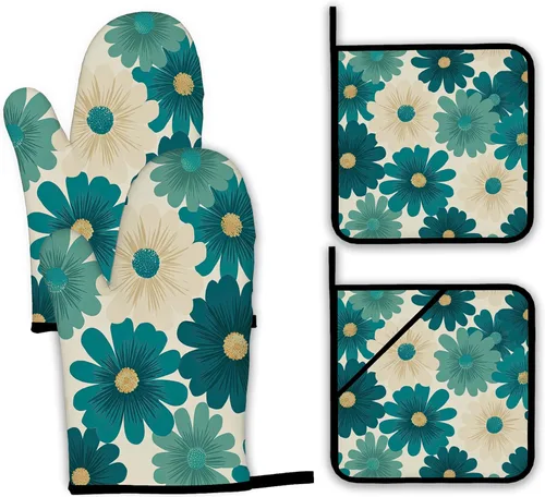 Manoplas de horno y soportes para ollas con diseño de margaritas abstractas, diseño retro, resistentes al calor, guantes de horno y soporte para