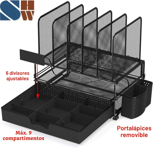 Miniatura 3 de Organizador de escritorio SimpleHouseware de malla con cajón deslizante, doble bandeja y 5 secciones verticales, color negro
