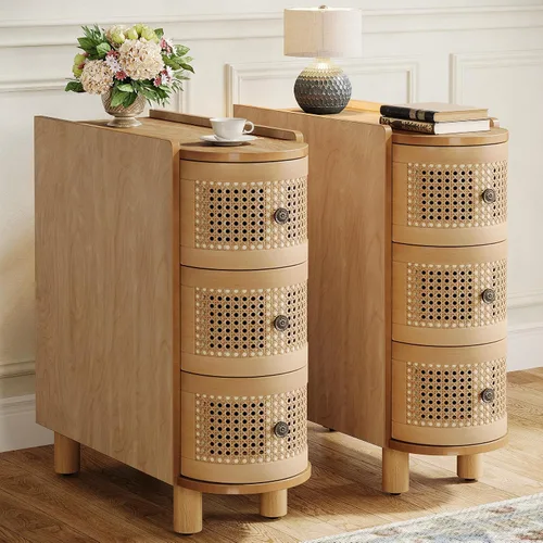 Miniatura 10 de Tribesigns Mesa auxiliar de madera maciza, mesa auxiliar de ratán de 3 cajones, mesita de noche con 3 cajones de ratán y exquisitas asas en relieve