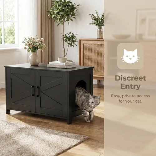 Miniatura 4 de Caja de arena para gatos Homhedy, mueble de baño de madera para gatos con puerta de granero, casa para mascotas, se adapta a la mayoría de las cajas