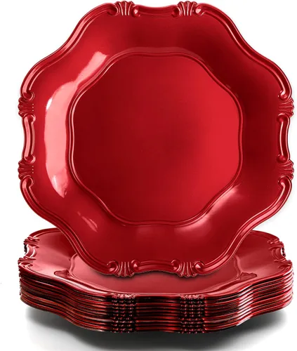 ZOOFOX Juego de 12 salvamanteles rojos, salvamanteles metálicos de 13" con bordes festoneados para plato de cena, platos de servicio decorativos