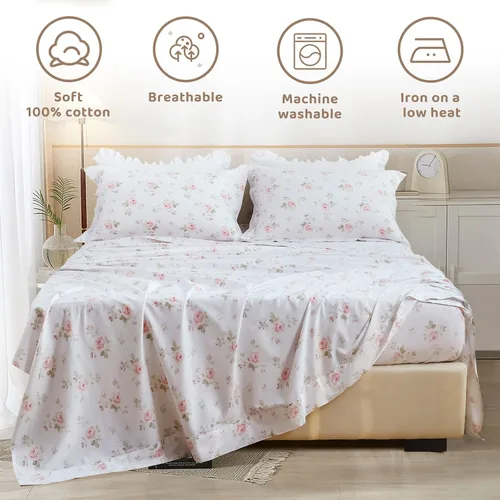 Miniatura 5 de QSH Juego de sábanas florales tamaño Queen - Vintage chic desgastado, flores de rosa, 100% algodón, ropa de cama estampada, sábanas tamaño Queen