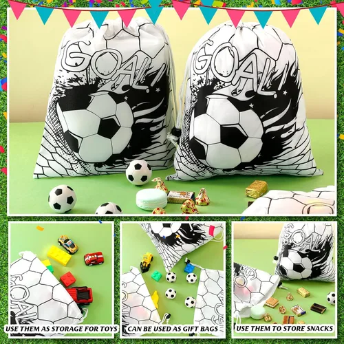 Miniatura 4 de Xuhal 24 bolsas con cordón de fútbol, recuerdos de fiesta de fútbol, bolsas de regalo de golosinas, mochila deportiva con cordón para pelota