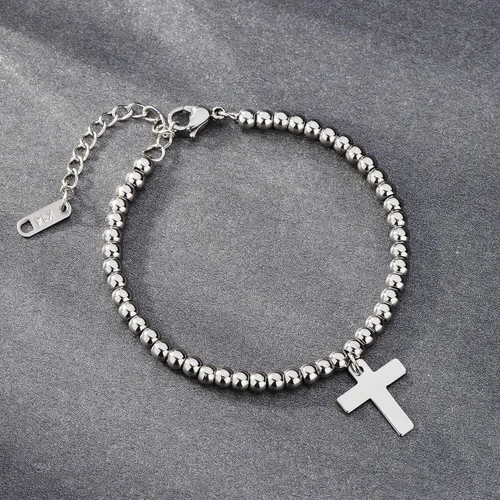 Miniatura 7 de Pulsera de cuentas de oro de 14 quilates chapada en oro con cruz y cadena de cola ajustable de 2.2in.