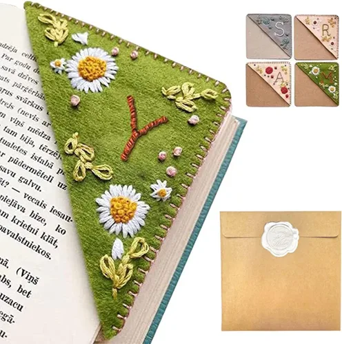 Miniatura 44 de Marcapáginas de esquina bordado a mano personalizado, 26 letras con costura a mano de fieltro, marcapáginas de esquina con bordado de flores lindo