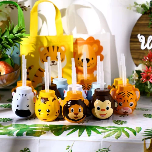 Miniatura 4 de Hoolerry 12 juegos de vasos de animales del zoológico con pajitas y tapas, 10 oz vasos de plástico reutilizables con temática de safari y animales
