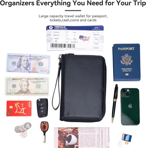 Miniatura 3 de Alameda - Cartera para pasaporte de viaje Organizador de tarjetas de fibra de carbono para documentos con correa de muñeca desmontable, cartera