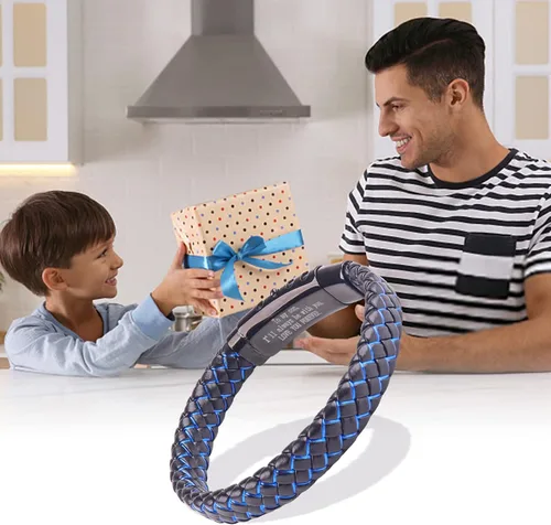 Miniatura 22 de Pulsera de cuero trenzado con texto en inglés «Love You Forever» para hombres y niños, pulsera inspiradora de acero inoxidable, pulsera de cuero