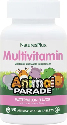 NaturesPlus Animal Parade Multivitamínico Masticables para niños, sabor sandía, 90 tabletas en forma de animal, promueve la salud y el bienestar,