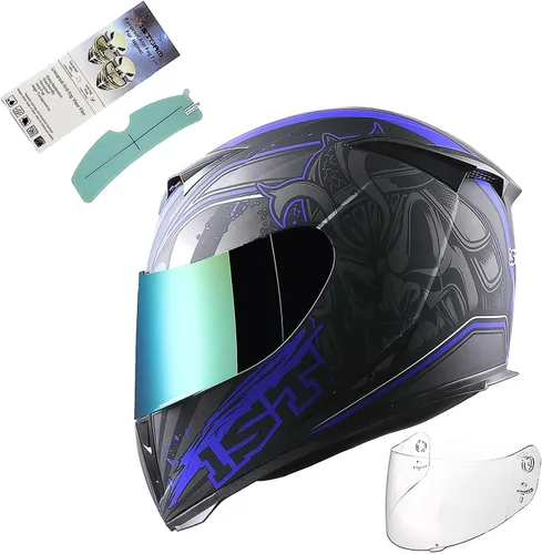 Casco integral para motocicleta 1Storm con diseño de cráneo rey en mate negro + una visera transparente extra: HJK311 SkullBlue