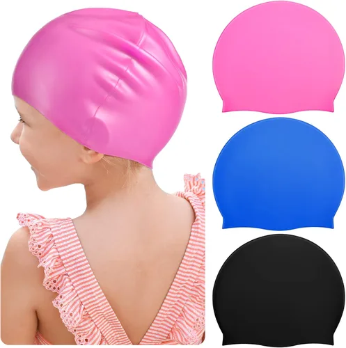Zhanmai 3 gorras de natación para niños de cabello largo de silicona para niñas y adolescentes con trenzas de pelo largo y rizado, rastas grandes