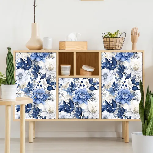 Miniatura 3 de Booming Peony - Papel tapiz floral de peonía para despegar y pegar - Papel tapiz autoadhesivo removible de hojas azul/blanco - Mural decorativo