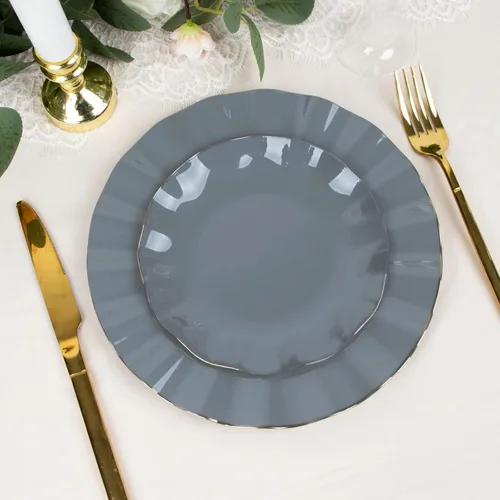 Miniatura 146 de Tableclothsfactory Paquete de 10 platos redondos de plástico negro de 6 pulgadas para ensalada de postre, platos desechables con borde ondulado