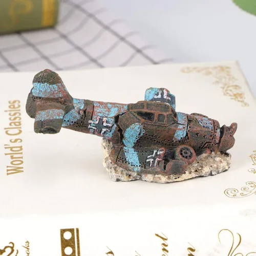 Miniatura 3 de VILLCASE Sunken Fighter Plane Resina Acuario Plano Decoraciones Acuario Ornamento Escondite Habitat Fish Tank Paisaje Ornamento