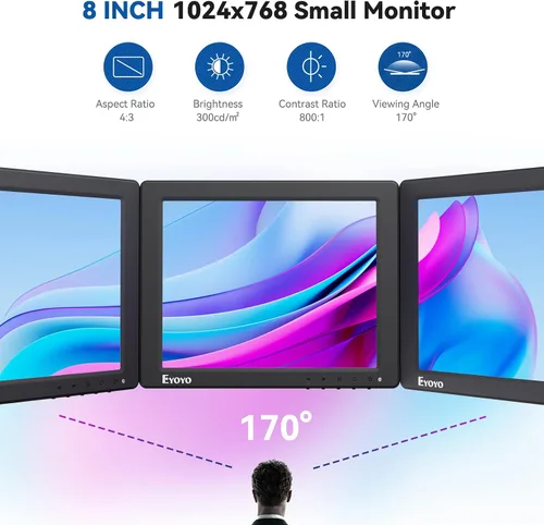 Miniatura 2 de Eyoyo Monitor pequeño de 8 pulgadas, pantalla de cámara de seguridad mini IPS de 1024x768 4:3 con soporte de entrada HDMI VGA AV BNC y control