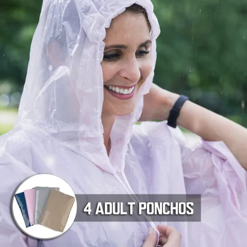 Miniatura 6 de Ponchos de lluvia desechables paquete familiar (paquete de 8) – Poncho de lluvia impermeable con capucha para adultos y niños – Paquete de poncho
