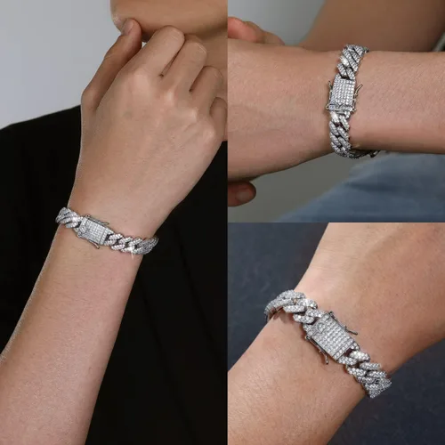 Miniatura 2 de Pulsera de eslabones cubanos de 0.394 pulgadas y 0.472 pulgadas para hombres y mujeres, chapado en platino de 14 quilates, pulseras de hip hop