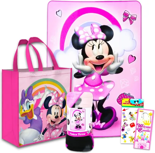 Disney Juego de manta de forro polar de Minnie Mouse para niñas, paquete con manta de Minnie de 45 x 60 pulgadas, bolsa de mano, calcomanías y más