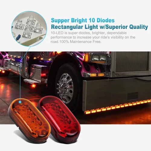 Miniatura 2 de Partsam 2 luces LED ámbar + 2 rojas de 12V, 10 cm x 5 cm, luz indicadora lateral ovalada para camiones, montaje en superficie, 10 diodos, luces LED