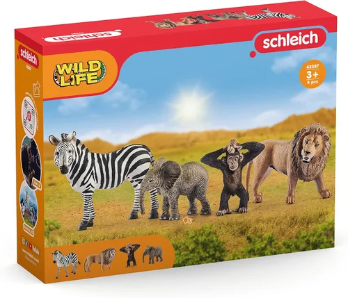 Schleich Wild Life - Juego de 4 figuras de animales de safari con cebra, mono, elefante y león - Figuras realistas de animales africanos para niños