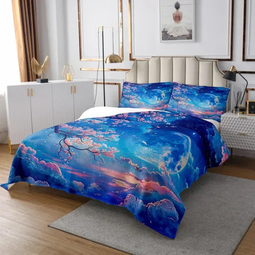 Miniatura 2 de Manfei Colcha de flores de cerezo tamaño individual, juego de colcha de cielo estrellado de nubes de luna, decoración de habitación para niñas