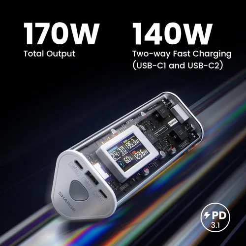 Miniatura 2 de SHARGEEK 170 Power Bank, Cargador Portátil de Alta Capacidad Total de 170 W y 24,000 mAh con Pantalla Inteligente, Paquete de Batería IP66 de 140 W