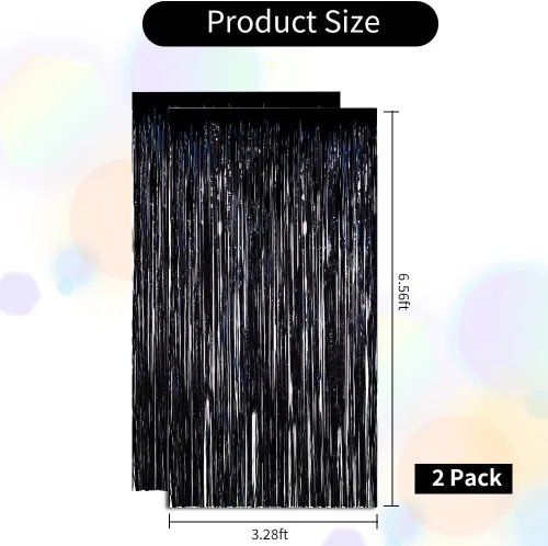 Miniatura 2 de BEISHIDA Paquete de 2 cortinas de flecos de aluminio, cortinas metálicas de oropel negro, cortina de fondo de fotos para Halloween, boda, despedida