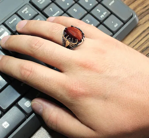 Miniatura 4 de Anillo de plata de ley 925 con ojo de tigre rojo y piedra escorpión