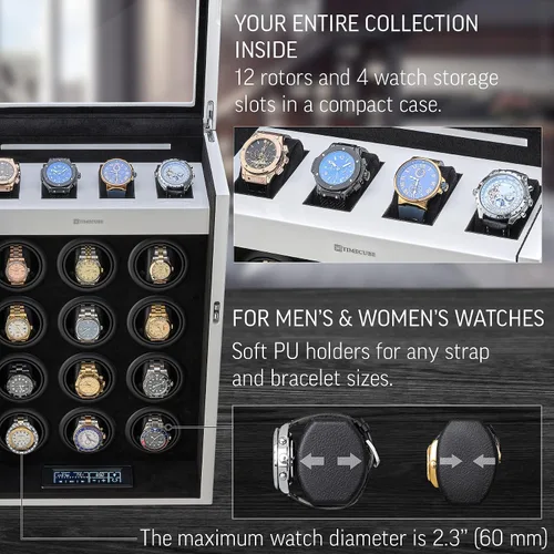 Miniatura 4 de TIMECUBE Enrollador de reloj para 12 relojes con luz interior y 4 ranuras de almacenamiento para relojes, Blanco, Compacto