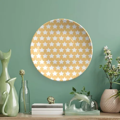 Miniatura 5 de XISUNYA Plato decorativo de 6 pulgadas, plato de porcelana amarillo y blanco, estrellas en tonos suaves, patrón elegante, adorno de impresión retro