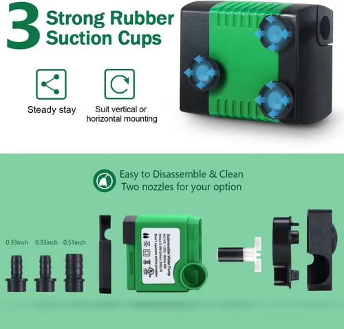 Miniatura 4 de CWKJ Paquete de 2 bombas de agua sumergibles de 80 GPH (4 W 300 L/H) con tubo de 4.9 pies (1/3 pulgadas de ID), 3 boquillas para acuario, estanque