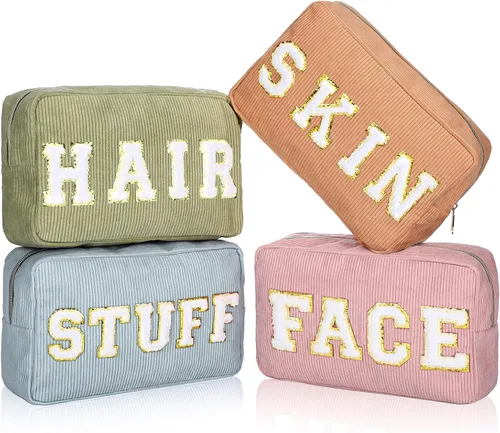 Miniatura 11 de Pinkunn 4 Piezas Bolsas de Maquillaje Preppy Bolsas de Chenilla con Letras de Viaje Organizador Facial Piel Cabello Higiene Cosmética Bolsa de Aseo