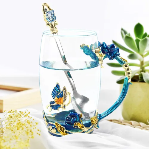 Miniatura 4 de Taza de té de 330 mL, de vidrio y esmalte, taza de café de vidrio con rosas hechas a mano, regalo para el día del padre, día de la madre, día de San