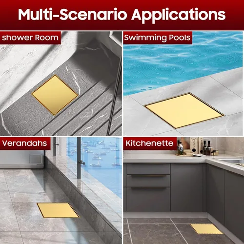 Miniatura 7 de DLONE Drenaje de ducha cuadrado Drenaje de ducha de 6 pulgadas de acero inoxidable AISI 304 dorado cepillado con panel de inserción de azulejos 2