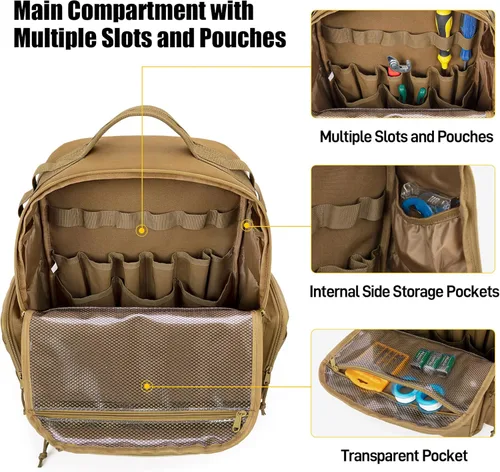 Miniatura 2 de Mochila de herramientas Rexmica para hombres con 3 bolsas de herramientas, bolsa organizadora de almacenamiento de herramientas resistente con Caqui