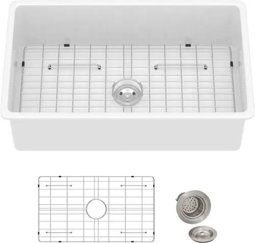Miniatura 10 de Sarlai Fregadero de cocina blanco de 27 pulgadas de 27 x 19 pulgadas, fregadero de cocina blanco de doble caída y montaje inferior, de arcilla