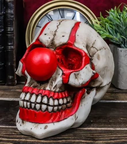 Miniatura 7 de Ebros Gift Creepy IT Jester Clown Harlequin Joker Skull with Red Nose Figurine 5" Tall Osario Macabra Calaveras y esqueletos de Halloween Escultura