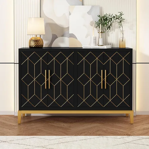 Miniatura 3 de HLR Gabinete de Acento con 4 Puertas y Estantes, Gabinete Aparador Buffet con Ribete Dorado, Almacenamiento Negro Moderno para Sala de Estar
