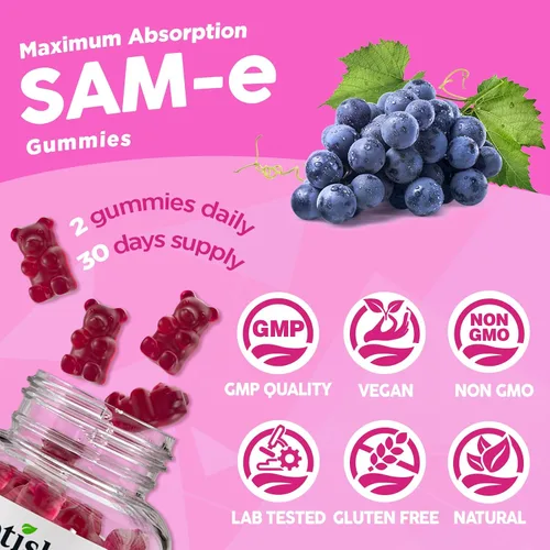 Miniatura 7 de SAM-e con gomitas de L-tirosina, complejo B metilado y NAC, suplemento SAM e de 1200 mg, folato de metilo y B12, para alivio del estrés y apoyo