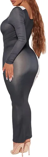 Miniatura 3 de Vestido largo ajustado de manga larga Y2k con cuello cuadrado para mujer, vestido de cóctel con estampado de cara de retazos