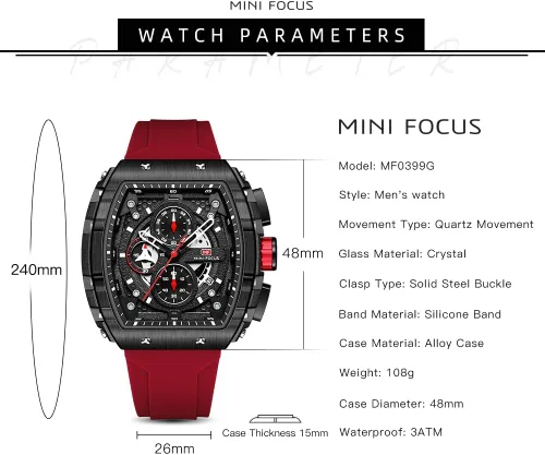Miniatura 6 de Mini Focus - Reloj deportivo de moda para hombre (cronógrafo, impermeable, luminoso, calendario) con correa de silicona y cuarzo para hombre, Negro
